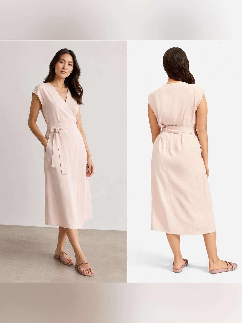 Everlane Japanese GoWeave Wrap Dress Pale Pink Short Sleeve Midi Belted size 8